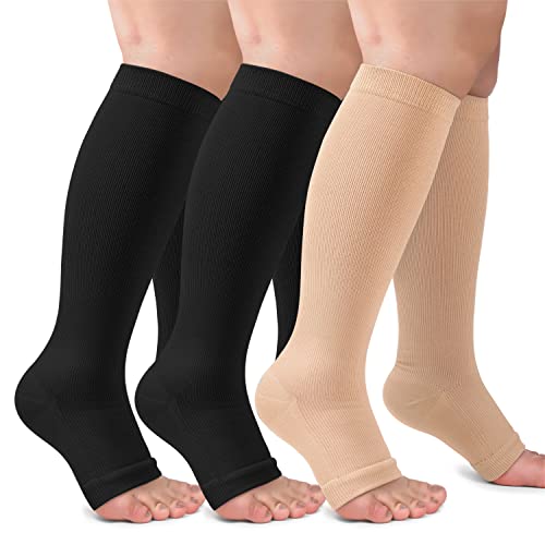 Image of CTHH Toeless Compression Socks for Women & Men Open Toe Knee High Stocking | 3 Pack 20-30 mmHg Graduated Compression Socks Best Support for Circulation Flying Running Daily Wear Cooling