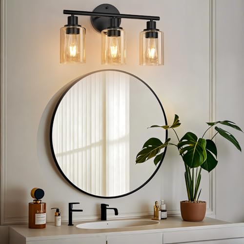 Image of Zarbitta 3-Light Bathroom Light Fixtures, Black Modern Vanity Lights with Amber Glass Shades, Bathroom Wall Lamp for Mirror Kitchen Living Room Hallway Cabinet Porch