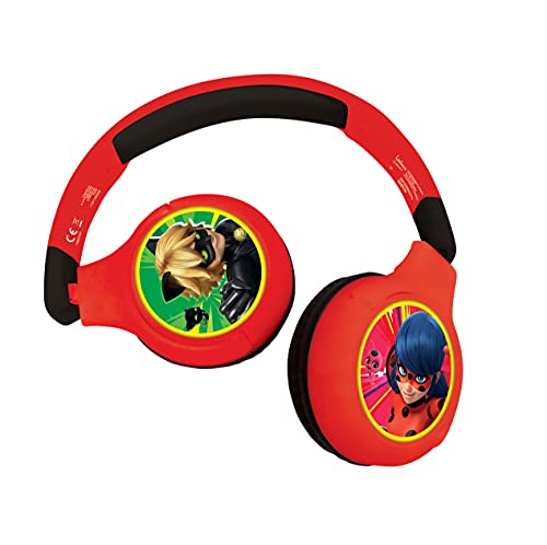 LEXIBOOK, Miraculous Ladybug Cat Noir, 2 en 1 Auriculares Bluetooth para niños, Stereo Wireless Wired, Kids Safe Volume, Plegable, Ajustable, Rojo, HPBT010MI