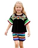 HINTINA 5T Toddler Little Girl Mexican Embroidered Shorts Set 5 Years old Traditional Blouse Shirt Clothes Size 5/6 Cinco De Mayo Fiesta Outfits Black