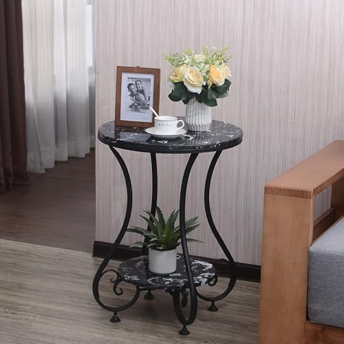 Image of Modern Double-Top Coffee Table with Rustic Farmhouse Accent, Multipurpose Living Room Bedroom, Two-Tier Small Sofa Side Bedside Table with Metal Frame Nightstand (Black)