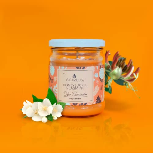 Smells - Odor Eliminator - Premium Soy Wax Jar Scented Candle 12Oz. - 100% Cotton Single Wick - Fragranced Candles That Eliminates Odors: Food, Pets, Smoke And Others (1-Pack, Honeysuckle & Jasmine) #TOP7
