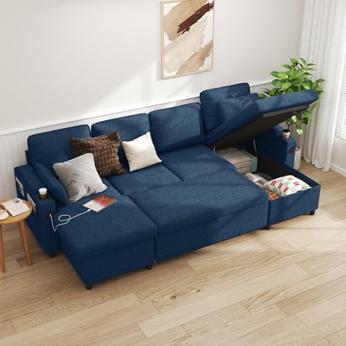 DURASPACE Schlafsofa, U Form Schlafcouch mit Schlaffunktion und Aufsitzkiste, Eckcouch mit USB, Getränkehalter für Wohnzimmer & Schlafzimmer (Dunkelblau)