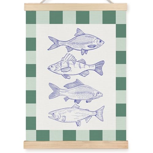 Image of PQKIY Green Plaid Coastal Beach Fish Wall Art Decor,Ocean Room Decor,Vintage Blue Fish Nautical Wall Decorative for Bedroom Living Room Home,12x16 Inch