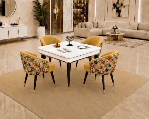Image of WOODEN SPACE 4 Seater Wooden Dining Table Set | Urban Marble Top Dining Table with Chairs for Dining Room & Kitchen (Modern Classic Printed Yellow) (42 x 42 x 30 inch)