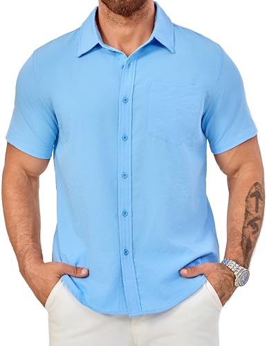 KTTEI Men's Short Sleeve Button Down Shirts Casual Blending Beach Shirt with Chest Pocket Classic Fit Summer Tops Light Blue