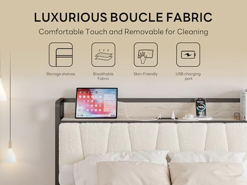 Image of LIKIMIO Full Bed Frames, Boucle Storage Headboard with Charging Station, Solid and Stable, Noise Free, No Box Spring Needed, Easy Assembly