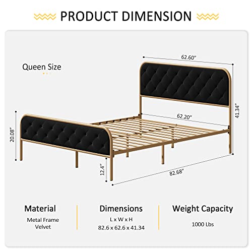 Osfvolr Bed Frame Queen Size With Modern Curved Upholstered Velvet Button Tufted Diamond Stitched Headboard And Footboard, Heavy Duty Metal Slats Support, Noise-Free, Easy Assembly, Black #TOP1
