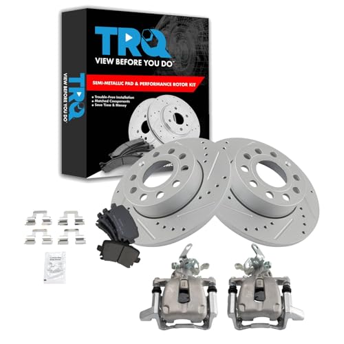 Image of TRQ Performance Rear Brake Pad and Rotor Set Semi Metallic Solid G Coated Rotors Calipers Compatible with 2010 Volkswagen Golf 2005-2010 Jetta 2006-2009 Rabbit