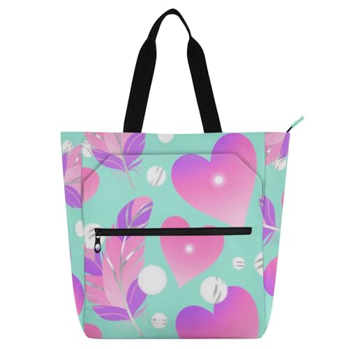 Children's Book Tote Bag for Kids Boys Girls, Pink Purple Heart Feather Lightweight Teacher Tote Bags Shoulder Bag with Zipper for School and Playtime