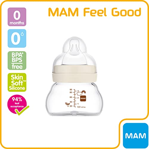 MAM Bottle Feel Good Biberon en verre extra petit avec tétine MAM à débit extra lent Taille 0 Résistant à la chaleur Unisexe 90 ml