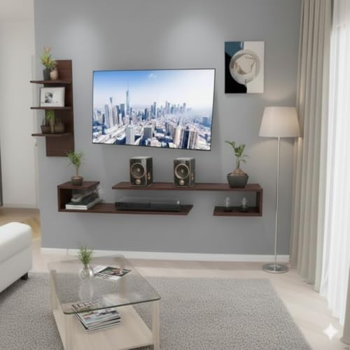 Image of O Style TV Cabinet Floating Shelves for Living Room, Bedroom, Dark Wenge, Suitable for 24 to 42 Inches Smart TV