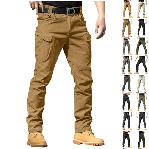 Slim Fit Cargo Pants for Men Button Elastic Waist Carpenter Pants Water Resistant Hiking Work Pants Multi Pockets Camping Travel Pants for Men Combat Pants Relaxed Fit Construction Pants Tapered Pants