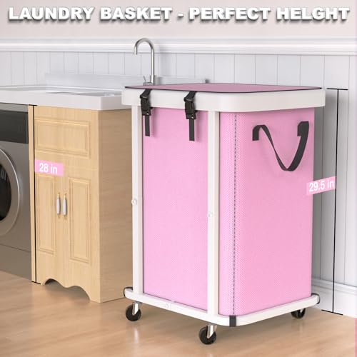 Image of 150L (40 Gal) Large Fashion Laundry Basket with Wheels, Leather Patchwork Rolling Hamper Carts, Sturdy Metal Frame, Removable Washable Bag, Tall Clothes Sorter for Bedroom, Laundry Room - Pink