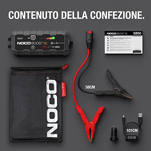 NOCO Boost XL GB50, Avviamento di Emergenza Portatile 1500A 12V UltraSafe, Avviatore Booster al Litio Professionale e Cavi Batteria Auto per Motori Benzina fino a 7L e Motori Diesel fino a 4L