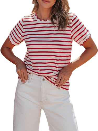 NONDK Tops Holgados de Verano para Mujer, Camisa A Rayas con Cuello Redondo A, Estilo Informal y Elegante para Negocios 2026 Rayas Rojas y Blancas S