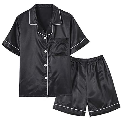 Vopmocld Big Kids Unisex Pjs Set Girls Boys Silk Pajama Sets Satin Clasic Sleepwear Summer 2 Pieces Button Down Nighty, Black 12