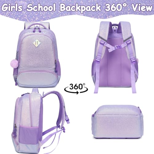 Meisohua School Backpack for Girls Shiny Glitter Sparkly Bookbag for Kids Elementary School Bags 3 in 1 Set with Lunch Box Pencil Pouch Blingbling Purple by Meisohua - Used condition - Image 4