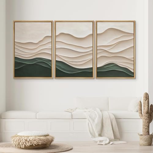 SIGNWIN Framed Canvas Print Wall Art Set Textured Paper Cut Landscape Beige and Green Minimalist Illustrations Modern Art Rustic Relax/Calm for Living Room, Bedroom, Office - 24"x36"x3 Natural