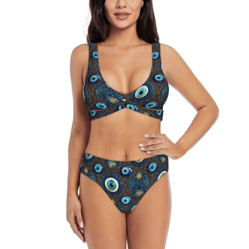 Moxquju Evil Eye (3) Pattern Bikini Set for Women Two Piece Wire-Free Low Rise Swimsuits Summer Beach Swim Bathing Suits Black
