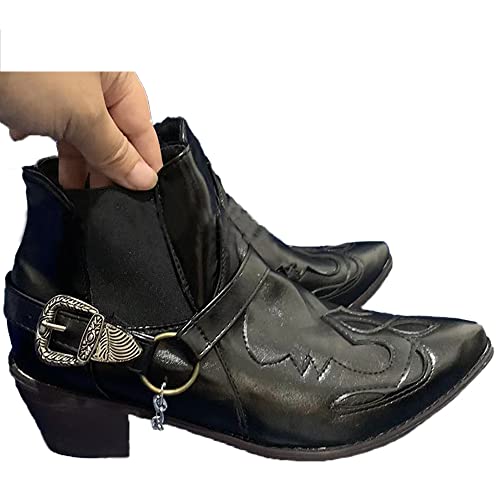 AngryMonkey Men's Pointed Toe Cowboy Boots Slip-On Chunky Heel Western Bootie Arch Support Personality Buckle Belt Chain Strap3