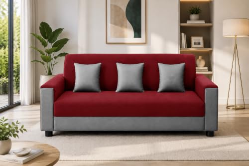 Image of 3 Seater Wooden Sofa | Velvet Fabric Couch with Cushions | Comfortable Living Room Sofa | Sturdy Wooden Frame | Home & Office Furniture | Red & Grey