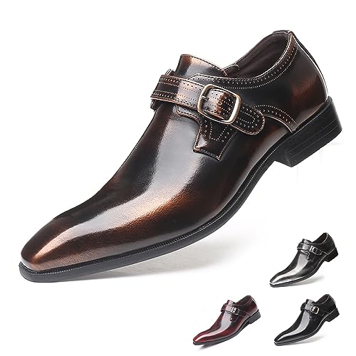 Men's Leather Pointed Toe Dress Shoes,Fashion English Style Adjustable Metal Buckle Hook & Loop Decorate Slip On Block Heel Formal Business Wedding Oxford Shoes Loafer