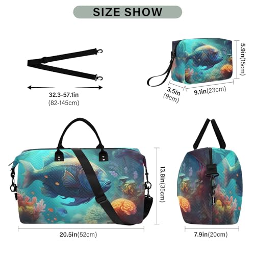 Duffel Bag Set for Travel Gym Sport, Weekender Bag Carry on Overnight Bags for Women Men-Blue Tropical Fish Print3