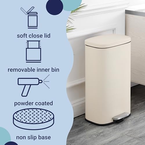 Image of happimess Curtis 8 Gal Step Trash Can Soft Close 25 inch, Limestone Beige | Iron Construction, Satin Finish, Removable Liner, Steel Pedal, 20 Trash Bags Included, Kitchen Office Bin