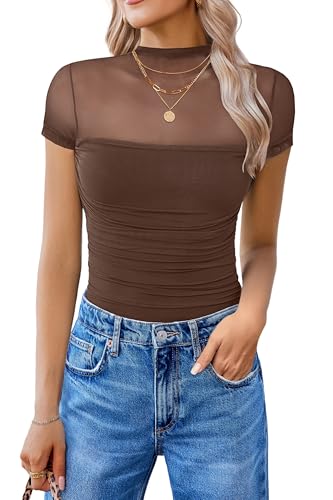 Image of Avidlove Women's Short Sleeve Bodysuit Turtle Neck Body Suits Mesh One Piece Leotard Going Out Tops Date Outfits