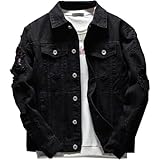 SWJGLITTR Men Button Distressed Denim Jacket Ripped Slim Trucker Jean Jackets Casual Cowboy Cut Biker Coats (Medium,Black)