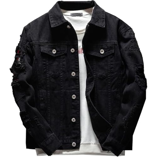 Men Button Distressed Denim Jacket Ripped Slim Trucker Jean Jackets Casual Cowboy Cut Biker Coats