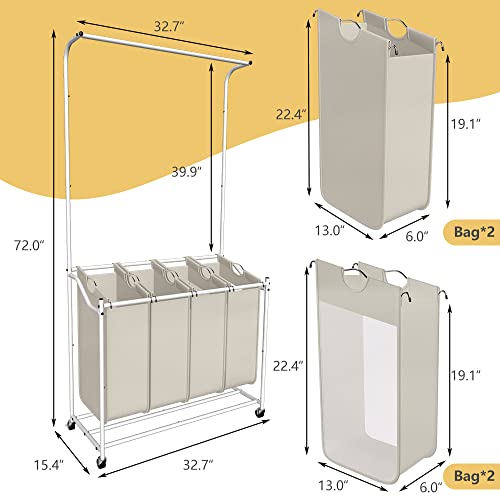 Luckup Laundry Sorter 4 Sections With Hanging Bar Rolling Laundry Cart Laundry Organizer Hamper Basket With Heavy Duty Lockable Wheels For Laundry Room Bathroom Bedroom, Beige (Beige) #TOP2