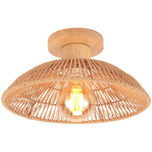 iDEGU Plafonnier Rétro Luminaire en Rotin et Bois Design Bohème Lustre Suspension Vintage Lampe de Plafond E27 Éclairage Décoration pour Salon, Chambre, Couloir, 30CM (Rotin Marron)
