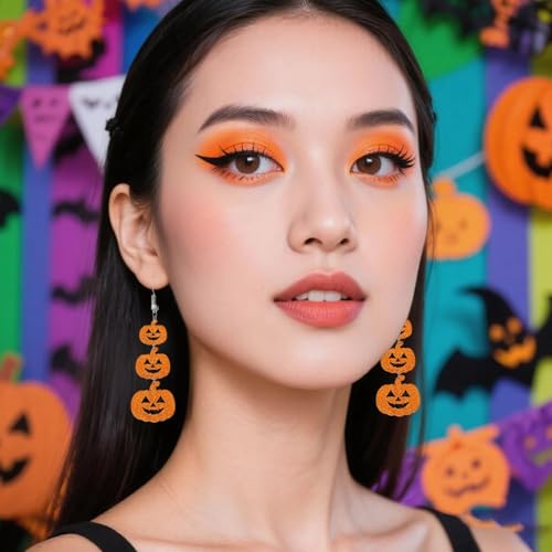 nanafast Halloween Earrings for Women, Cute Acrylic Pumpkin Dangle Earrings, Spooky Halloween Party Costume Accessories3