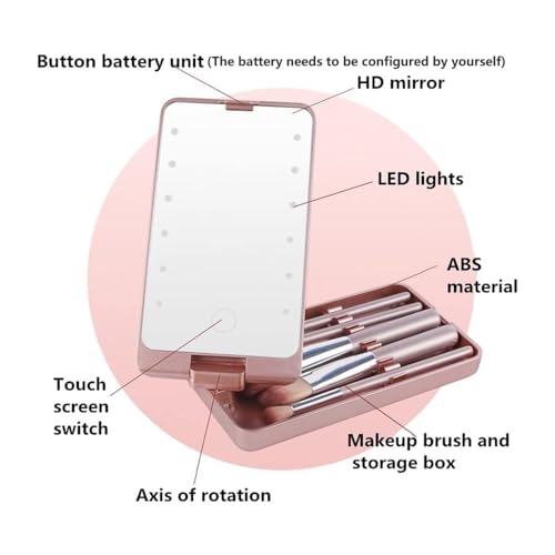 Image of PRIME PICK Glow Pro Vanity Mirror 2 in 1 Rotatable Makeup Mirror LED Light Dimmable Touch Control with 5 Makeup Brushes Portable Travel Beauty Mirror for Women Pink