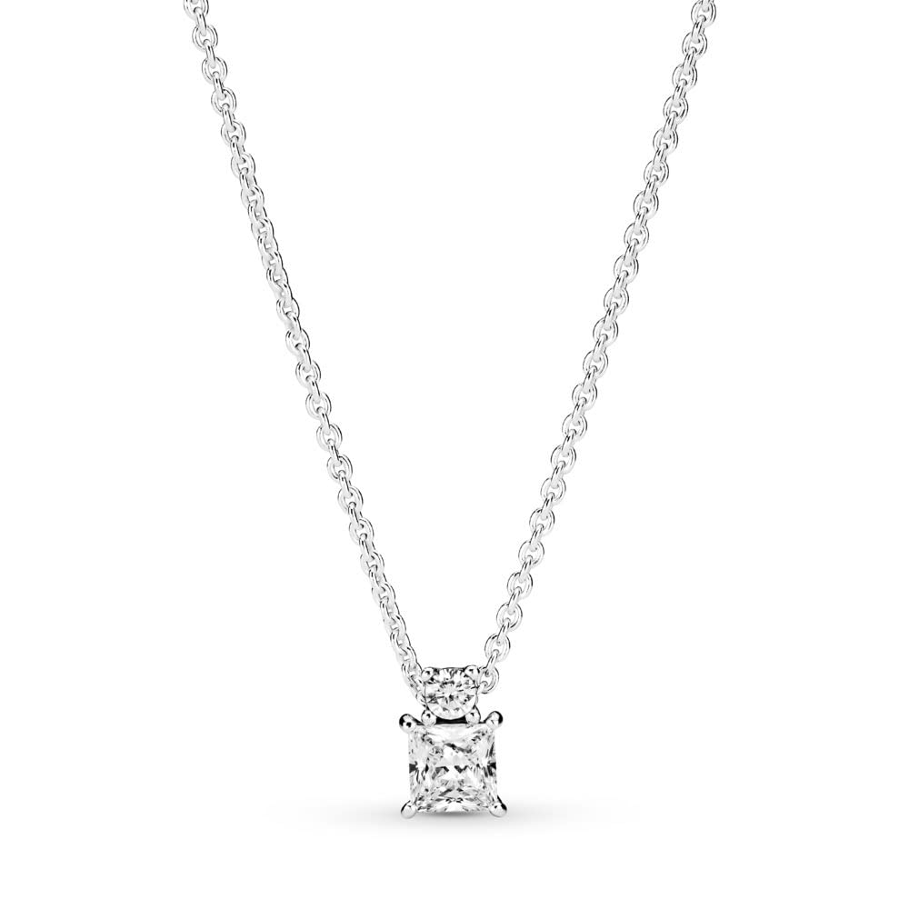 PANDORA Timeless Collier brillante rotondo e quadrato in argento Sterling con zirconi cubici trasparenti, Collana
