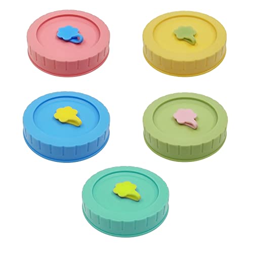 DRYEN Paquete de 10 tapas de tarro de plástico de colores, tapas de tarro de bola con agujero para pajita, tapas regulares de 70 mm, tapas reutilizables de boca ancha Cover