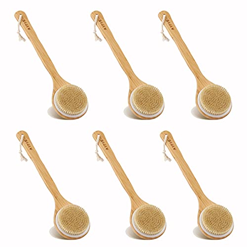 AIPIE Cepillo Corporal Cepillo de Baño Bambú Mango Largo de Cerdas de Jabalí Lavador de Espalda para Masaje de Ducha Promueve la Circulación Sanguínea paquete de 6 unidades (Mango de Bambu) Cover