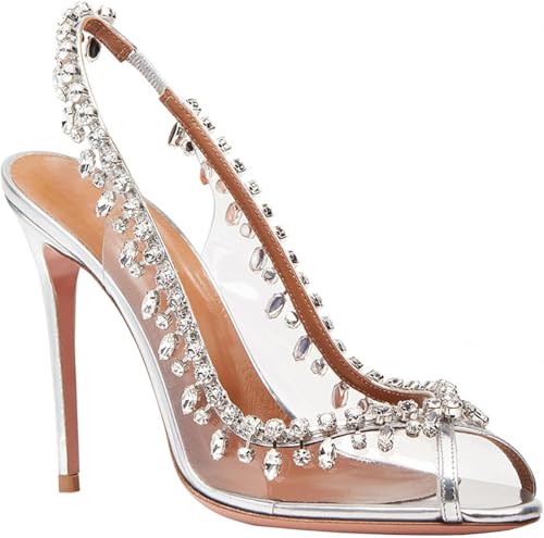 Tacones Altos Mujer Puntera Abierta Sandalias De Imitación Stiletto Destalonado Slip On Zapatos De Boda De Fiesta, Silver, 37 EU