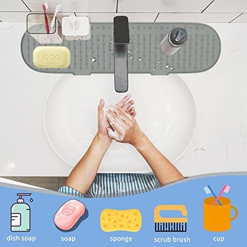RYHX Silicone Faucet Mat,Silicone Faucet Handle Drip Catcher Tray,Faucet Sink Splash Guard Mat Sink Draining Pad for Kitchen, Bathroom and RV -Gray