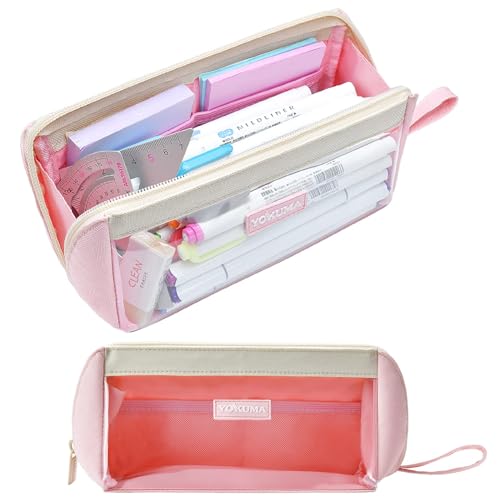 Image of YOKUMA Clear Aesthetic Pencil Case Pouch for Girls Cute Kawaii Mark Pen Case Organizer Large Capacity for Kids Teen College Students Adults,Small Makeup Bag,Back to School Supplies(Pink)