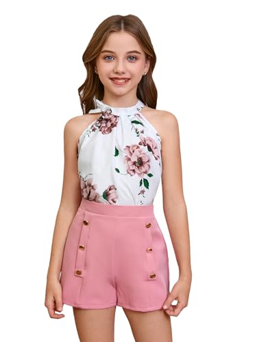 WDIRARA Girl's 2 Piece Outfits Floral Print Tie Neck Halter
