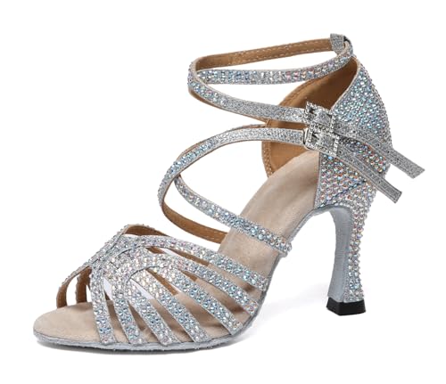 Minishion Dancing Heels for Women with Rhinestones Ankle Strap Wedding Formal Sandals Shoes