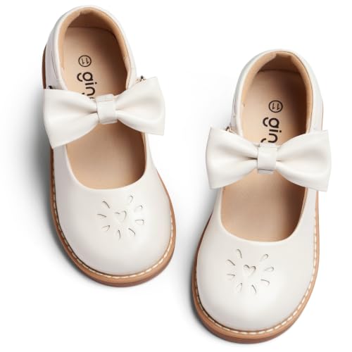 GINNI Flower Girls Removable Bow Mary Jane Flats Dress Shoes for Wedding Birthday, Casual Ballet Flat for School Uniform Daily Wear, White Round Toe Oxfords for Toddler Girl/Little Girl, Size 6T