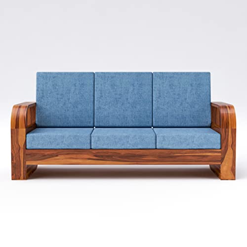 Image of Douceur Furnitures Solid Sheesham Wood 5 Seater Sofa | Five Seater Sofa Set with Coffee Table for Living Room, Cafe, Office | (Honey Teak Cushion Sky Blue)
