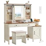 VASAGLE LIRY Collection - Vanity Desk with Mirror and Lights, Farmhouse Makeup Vanity with Stool, Charging Station, 2 Drawers, Jewelry Storage, for Bedroom, Rustic White and Honey Brown URDT136W02
