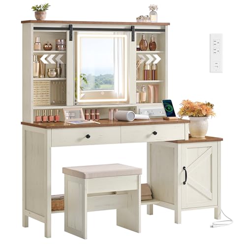 VASAGLE LIRY Collection - Vanity Desk with Mirror and Lights, Farmhouse Makeup Vanity with Stool, Charging Station, 2 Drawers, Jewelry Storage, for Bedroom, Rustic White and Honey Brown URDT