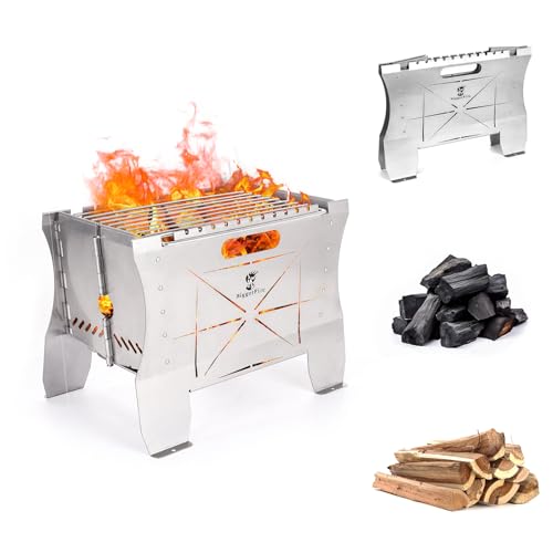 Barbacoa de camping plegable de carbón vegetal 2 en 1, portátil, doble combustible, barbacoa de carbón o leña o hoguera, acero inoxidable para camping barbacoa al aire libre, pícnics con bolsa de