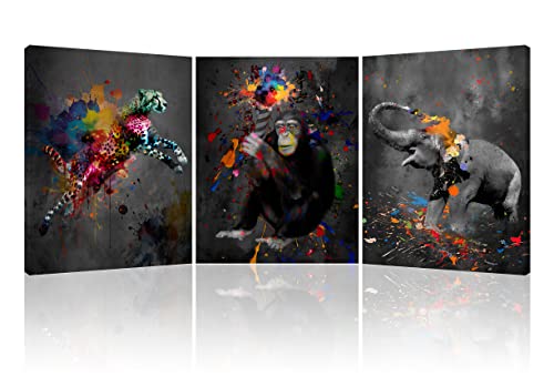 Piy Painting Cuadro moderna en blanco y negro, Animales Imágenes - Orangutanes, elefantes, leopardos foto Dibujo con Marco 30x40cm Listo para Colgar Arte Mural Para Playroom Cafetería, 3 unids/set